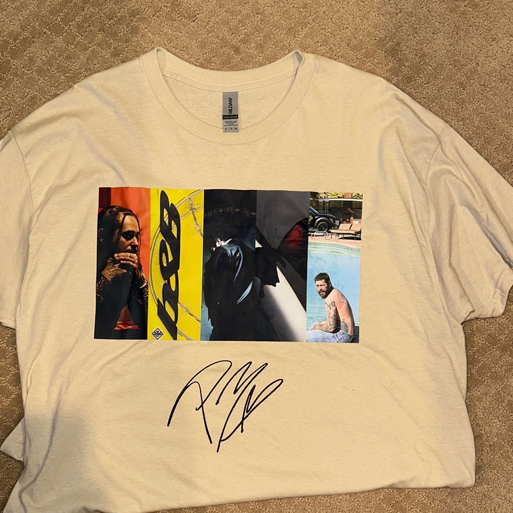 Gildan Beige Graphic Tee with Post Malone Design